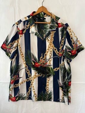 NOVA MEN Tropical Print Striped Casual Shirt Size XXL